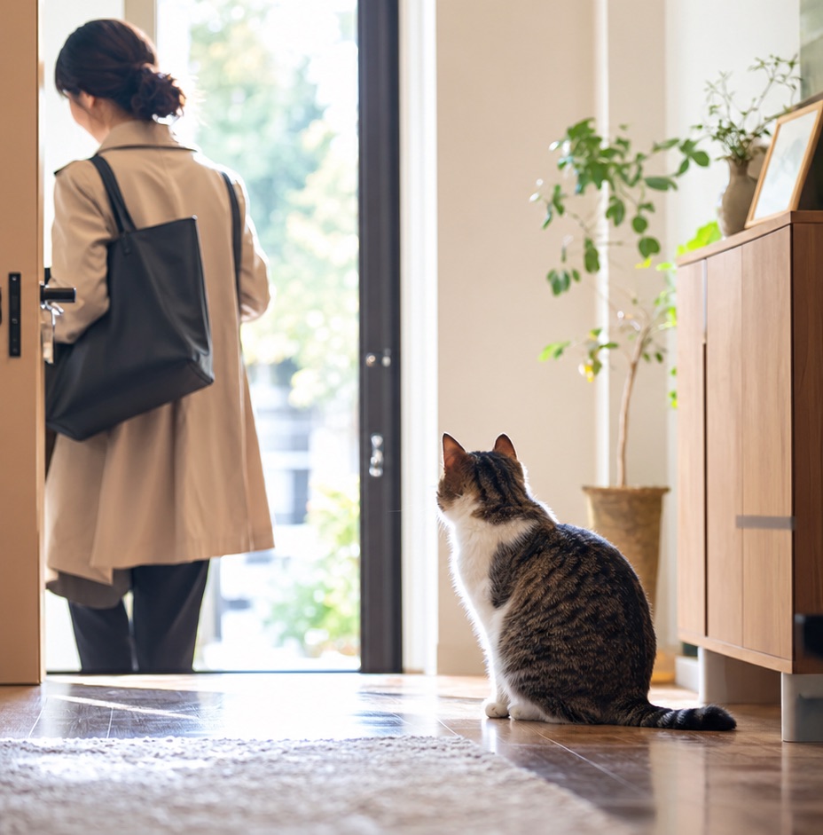 出勤の支度をする飼い主を、玄関で見送る猫